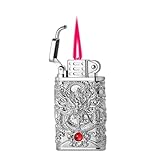 Feuerzeug in Drachenform mit Gravur, windfeste rote Flamme, vierseitiges Relief, tragbares Metall, verstellbar, nachfüllbar mit Butan, geeignet for Anzünden von Kerzen und for Campingausflüge.(Silver)