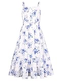 GRACE KARIN Robe à manches courtes et bretelles spaghetti pour fille - Coupe trapèze - Robe décontractée avec élastique - Style bohème - Plage, Fleurs blanches et bleues, 12 ans