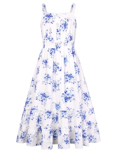 GRACE KARIN Mädchen Kurzarm Spaghetti Strap Kleid Blumenkleid A-Linie Freizeitkleid mit Gummizug Floral Böhmisch Beach Weiß-blaues 12 Jahre