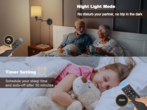Image of Plug in Wall Sconces with Remote Control, Dimming 10%-100% & Adjustable Colors 2700K-6500K, Hardwire or Plug-in, Swing Arm Wall Lamp with White Fabric Shade, Wall Sconces Set of Two, Black Finish