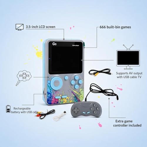 Image of Kids G5 500 in 1 Retro Game Console Handheld | Portable Classic Video Game Box with Gamepad, 2 Player Support, TV Output, Rechargeable Battery, Pocket Size Gaming Device for Travel & Home