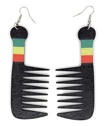 Teri's Boutique Black African American Jamaican Afro Hair Comb Rasta Color Details Wood Light Weight Long Dangle Drop Fashion Earrings3
