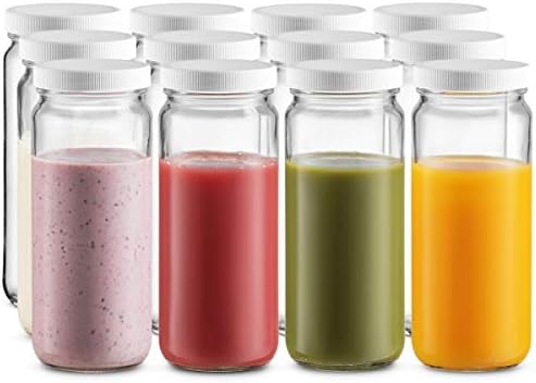 Paksh Novelty Travel Glass Drinking Bottle Jar 16 Ounce [12 Pack] Plastic Airtight Lids, Reusable Glass Water Bottle for Juicing, Smoothies, Kombucha, Tea, Milk Bottles, Homemade Beverages Bottle,