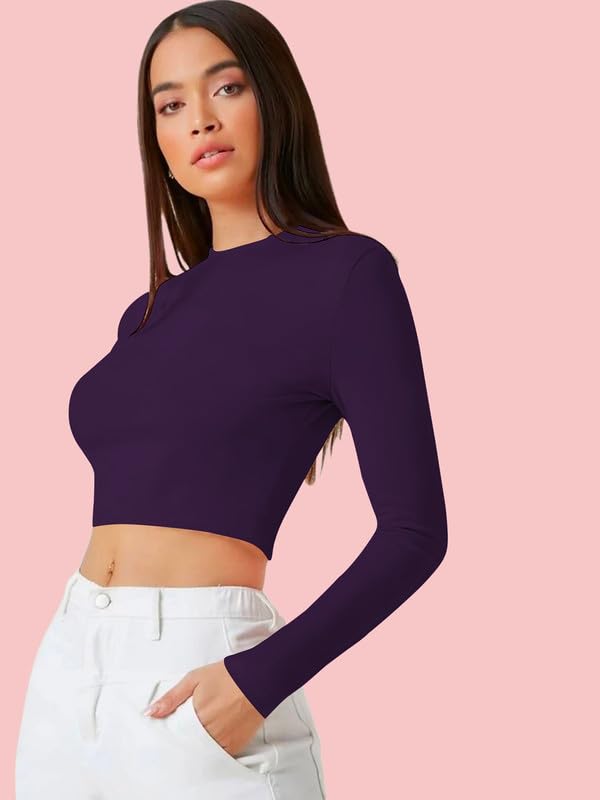 Image of Dream Beauty Fashion Women's Casual Round Neck Long Sleeves Stylish Crop Top - 17 inch Inches (Tee-Tally 02)