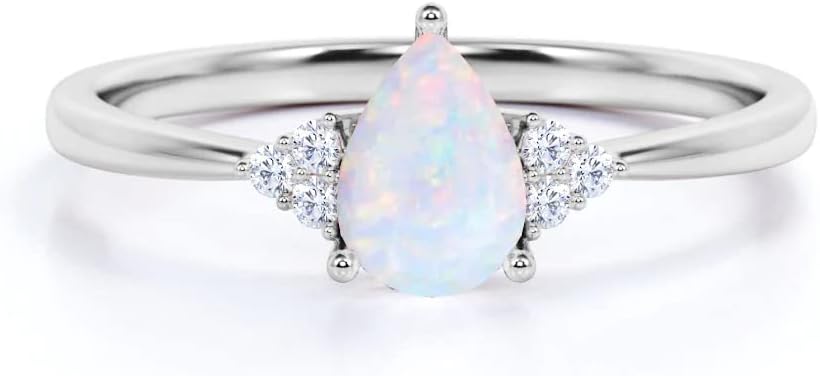 10K 14K 18K White Gold & Rose Gold Opal and Moissanite Engagement Rings for Women 1.0CT Center Pear Cut White Fire Opal Rings Jewelry Gift for Her
