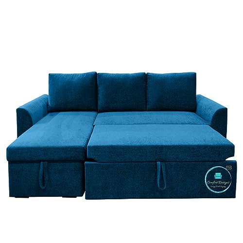 Image of Comfort Designs Creta 4 Seater Corner Sofa Cumbed for Living Room, Textured Premium Polyester Fabric, Functional Storage, Soft, Lightweight, Comfortable, Blue
