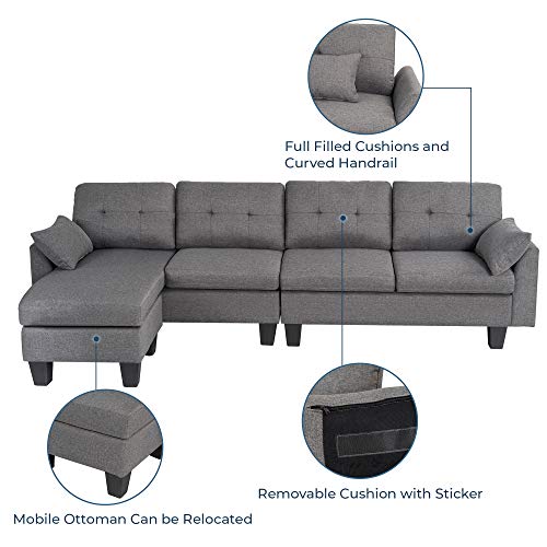 GOOD & GRACIOUS Convertible Sectional Sofa Sets with Ottoman Chaise Lounge, Modular L-Shaped Mid Century Modern Comfy Sofa Couch for Living Room Bedroom Small Space, Dark Gray, 101.25\" 49.5\" 31\" - Thumbnail 6