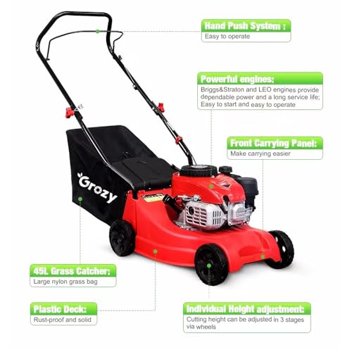 GROZY GR-40HP 40CM Petrol Lawn Mower 4-Stroke 132cc Cordless Hand Push Lawn Mower 45L Grass Capacity Lawnmower Outdoor Garden Lawns Tool Kit - Image 4