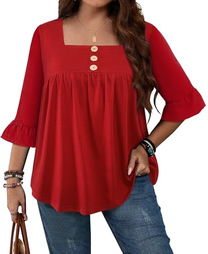 Plus Size Womens Blouses 3/4 Flutter Sleeve Square Neck Tunic Shirts Button Business Work Fall Tops 2025(XL-5XL)