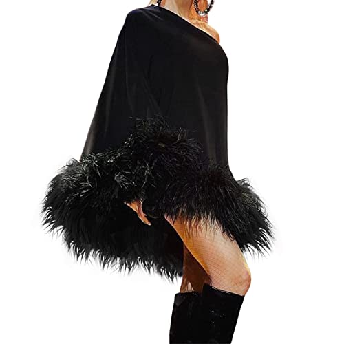 Image of FeMereina Women's Sexy One Shoulder Long Sleeve Faux Fur Bodycon Mini Club Dress Asymmetric Hem Fluffy Dress (Black, M)