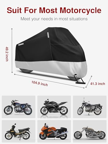 Image of Puroma Motorcycle Cover, XX-Large Waterproof Motorbike Cover Outdoor Indoor Scooter Shelter Protection with 4 Reflective Strips for Harley Davidson, Honda, Suzuki, Kawasaki, Yamaha (Black & Silver)