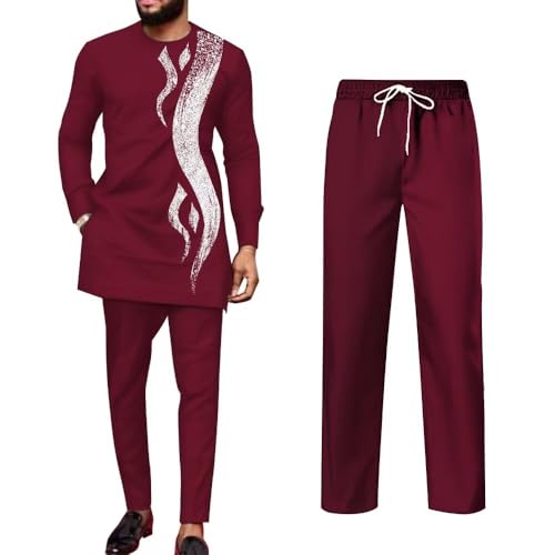 2 Piece Mens African Dashiki Suits Slim Fit O-Neck Print Nigerian Outfits Formal Casual Attire Cocktail Wedding Wear