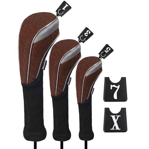 Andux 3pcs/Set Nylon Golf Wood Club Head Covers with Long Neck Brown