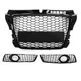 1 Set Griglia Centrale RS3 a Nido d’Ape in ABS per Audi A3 (2008-2012) Modificata + Cornici Fendinebbia a Nido d’Ape Traforate (con Anello Nero Lucido), GZ.D107HL/R + GZ.A AUDI A3/RS3-, Senza Logo