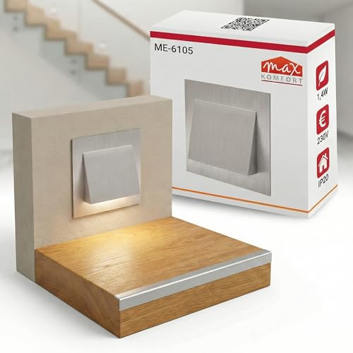 max K O M F O R T LED Treppenbeleuchtung Wandeinbaustrahler Aluminium 75x75 mm – 1,4W, 40 Lumen, Warmweiß, Stufenlicht IP20, Unterputz 230V | 6106