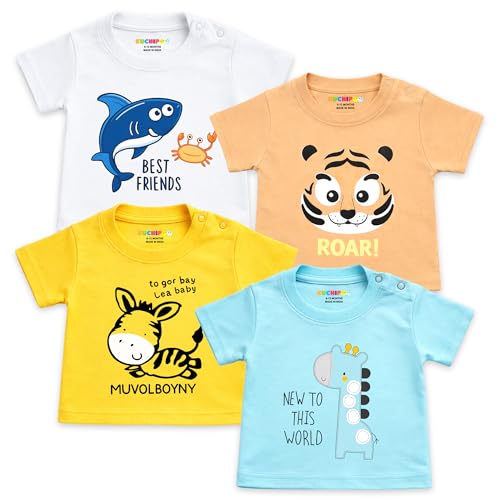 Image of Kuchipoo 100% Cotton Baby Boys & Girls Printed T-Shirt Combo | Soft & Breathable Half Sleeve Tee | Cute Animal Graphics | Pack of 4