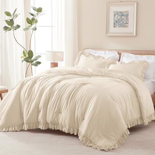 Image of Andency Beige Comforter Set Queen Size, 3 Pieces Shabby Chic Ruffle Bedding Comforter Sets for Queen Bed, Lightweight Fluffy Soft Microfiber Farmhouse Comforter Set