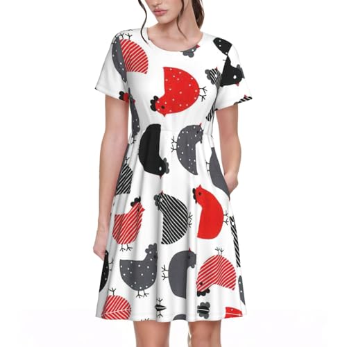 Robe d'été courte femme imprimé poule col rond fluide légère