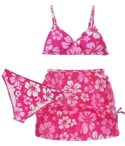 Image of Girls 3 Piece Swimsuit Summer Hawaiian Bikini Set with Beach Cover Up Skirt Bathing Suit Swimwear 8-15 Years