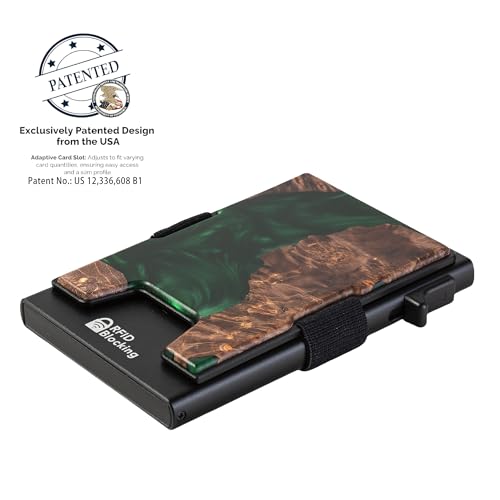 Image of Minimalist Mens Card Holder Wallet, RFID Blocking Slim Smart Pop Up Aluminum Wallet,Holds 12+ Cards,Expandable Compact Plate,Cash Strap /Money Clip (Resin Green Wood)