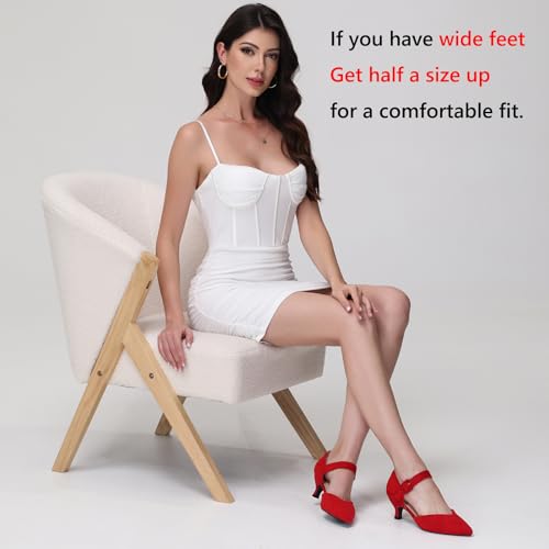 Image of RIBONGZ Comfortable Kitten Heels for Women Pointed Closed Toe Ankle Strap Buckle Heels Slip on Low Heel Church Pumps Wedding Bridal Party Dressy Shoes