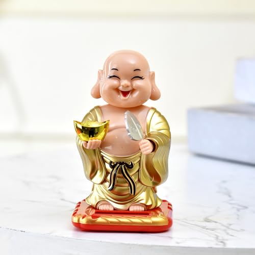 Image of CraftVatika Feng Shui Items for Good Luck, Moving Head Laughing Buddha for Money and Good Luck, Moving Head and Hand Solar Buddha for Car Dashboard Shop Home House, Moving Head Buddha Statue