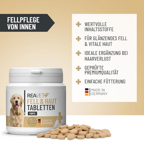 ReaVET Fell & Haut Tabletten Hunde 120 Stück - sekundierend bei Fellproblemen, Dermatose & Haarausfall Hund, Fell Tabletten für Hunde, Unterstützung der Hautfunktion