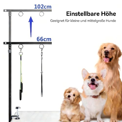 Faltbarer Hundepflegetisch-Arm mit Tischklemme – Höhenverstellbar 66–102 cm, Grooming-Arm mit Hängematte & Anti-Sitz-Schlaufe, Hunde-Fixierung für kleine & mittelgroße Hunde, Zuhause oder Salon