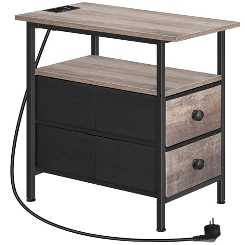 HOOBRO Schmaler Beistelltisch mit Ladestation, Nachttisch mit 2 Vliesschubladen, kompakter Beistelltisch, für kleinen Raum, Schlafzimmer, Greige-Schwarz EBG486CBZ01