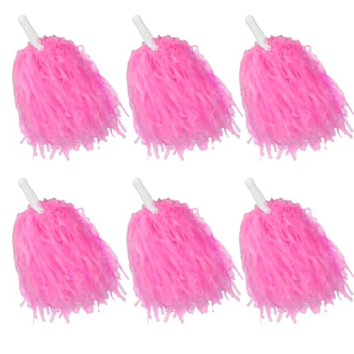 yzhweln 6 Pcs Pink Cheerleading Pom Poms - School Spirit Shakers Metallic Foil Cheering Pompoms Cheer Pom with Baton Handle Plastic Squad for Adults Team Spirit Sports Party Cheering (6, Pink)