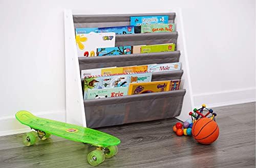 LIVIVO ® Childrens Colourful Sling Storage Bookshelf Easy Access Wooden Book Storage with Soft Nylon Fabric Shelves to Protect your Kids Books Perfect Height for your little reader (Grey)