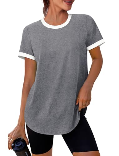 Image of Womens Workout Tops Summer Short Sleeve Shirts Athletic Color Block Gym Clothes Outfits Sun Protection UPF 50+ T Shirts