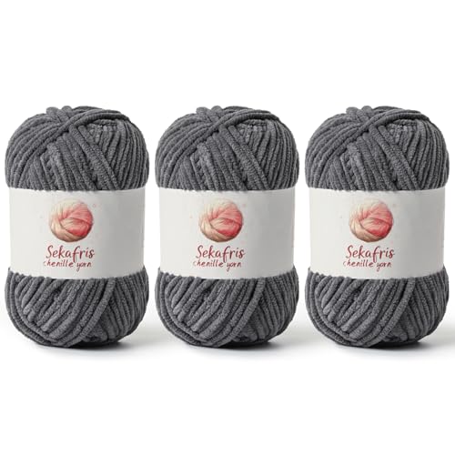 Image of Chenille Yarn for Crocheting, Size 5 Bulky,3 Dark Gray | 300g /393yds Soft Chunky Velvet Yarn for Crochet and Knitting,Fluffy Baby Yarn for Amigurumi,Blankets and DIY Crafts.