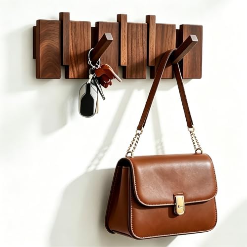 Coat Rack Wall Mount, Walnut 5 Flip-Down Picket Hanger Hooks for ...