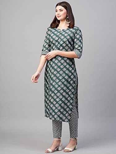 Image of GoSriKi Women's Cotton Blend Printed Straight Kurta With Pant