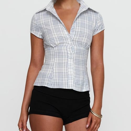 Women Y2k Slim Button Down Shirt Short Sleeve Open Front Cardigan Crop Top 90s Vintage Coquette Blouse Streetwear3