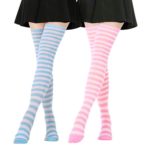 Image of AQOKKA Extra Long Thigh High Socks for Women Striped Over Knee Thigh Socks Long Boot Thigh High Stockings Leg Warmers