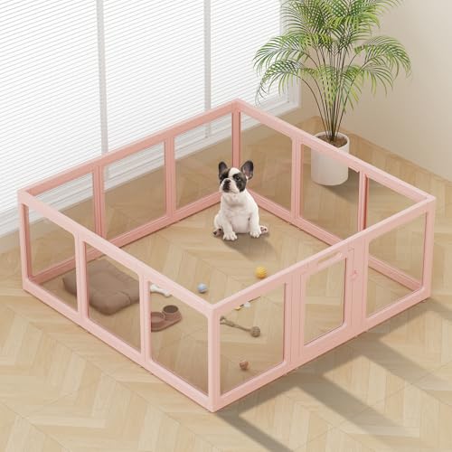 Image of Clear Acrylic Dog Playpen Indoor, Puppy Cat Small Pet Play Pen, Pet Cat Playpen for Rabbits, Dog Fence Crate Kennel Whelping Cage (Pink, 12 Panel)