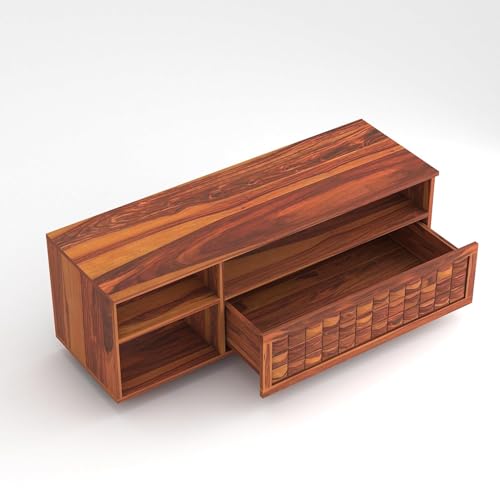 Image of Solid Sheesham Wood TV Unit for Living Room 55 Inch Furniture - Wooden TV Unit with Storage Cabinet with Drawer, 3 Shelves Wooden TV Cabinet - Accommodates up to 55-Inch TV (Thomas, Honey)