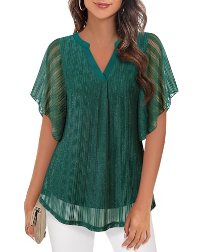Image of Timeson Women's Short Sleeve V Neck Blouses Shirts Floral Double Layers Mesh Tunics Tops