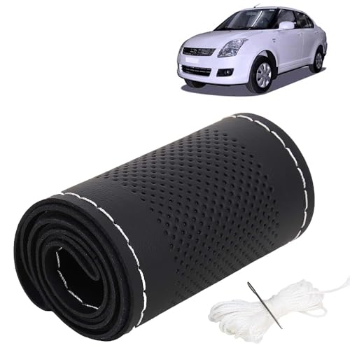 Image of KINGSWAY PU Leatherite Car Steering Cover Sewable Compatible with Maruti Suzuki Swift Dzire (Year 2008-2012), Black Color with Silver Thread, Pack of 1 with Sewing Needle and Thread