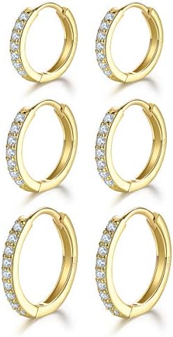 3 Pairs Sterling Silver Small Hoop Earrings Cubic Zirconia Cuff E...