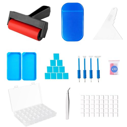 LIRUNQIU 46-teiliges Diamant-Malwerkzeug-Set, komplettes Zubehör-Set mit Anti-Rutsch-Matte, Pinzette, Roller, Wachsstift, Aufbewahrungsbehälter, Tabletts für Erwachsene, Kinder, Anfänger