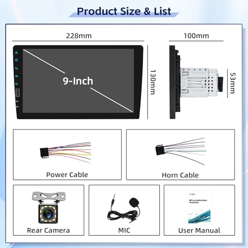 Fuluku 9-calowy ekran dotykowy 1 Din bezprzewodowe radio samochodowe Carplay z systemem Android, radio samochodowe z Bluetooth USB EQ FM AM SWC Mic kamera cofania
