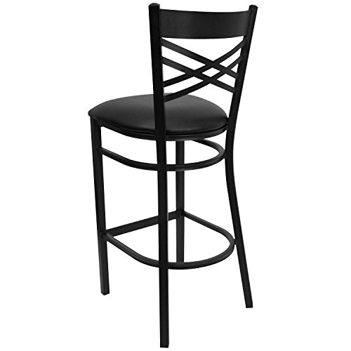 Butaco de bar metálico con respaldo en X, asiento de vinilo negro y estructura de metal negro miniatura 7