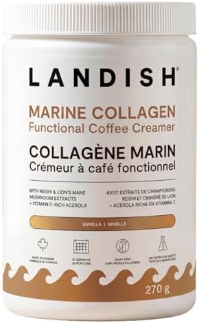 Landish Marine Collagen Coffee Creamer Powder - Wild Marine Collagen, Reishi & Lion’s Mane Mushrooms & Vitamin C - Vanilla Flavour - Dairy-Free, Gluten-Free, No Added Sugar - Made in Canada - 270 g (30 Servings)