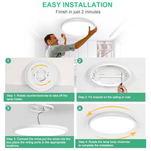 DELIPOP 2 Pack 12 Inch Ceiling Light, 24W Dimmable & 3000K-4500K-6000K 3 Color Selectable Ceiling Light for Indoor/Outdoor, Round Light Fixture for Bathroom, Bedroom, Kitchen, Hallway, Balcony by DELIPOP - Image 4