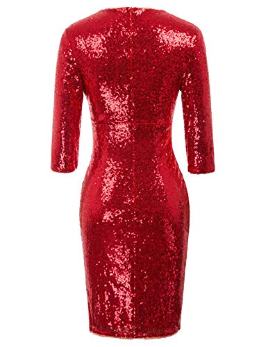 Womens Glitter Vneck 3/4 Sleeve Bodycon Sequined Cocktail Party Club Dress Red,2Xl #TOP1