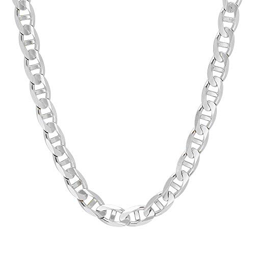 925 Sterling Silver chain 3.5MM, 4.5MM, 5.5MM, 6.5MM, 8MM,9MM,10.5MM,12MM Solid Flat Mariner Link Chain Necklace- Silver Necklace Chain, Men and Women, Made In Italy 18