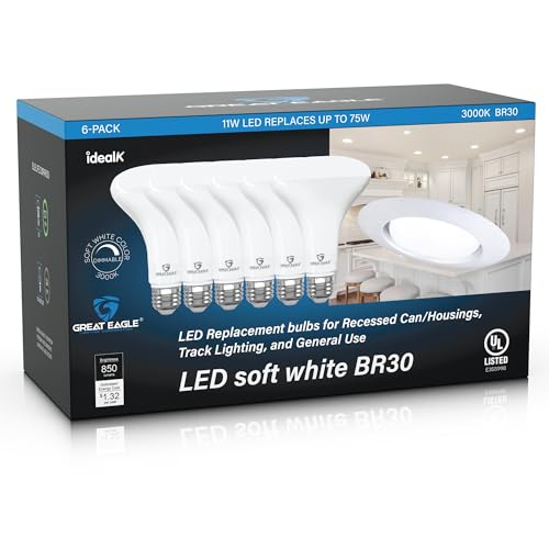 Great Eagle Lighting Corporation BR30 LED Bulb, 11W (75W Equivalent), 850 Lumens, 3000k (Soft White), for Recessed Can Use, Dimmable, and UL Listed (6-Pack) by Great Eagle Lighting Corporation - Used condition - US$16.83